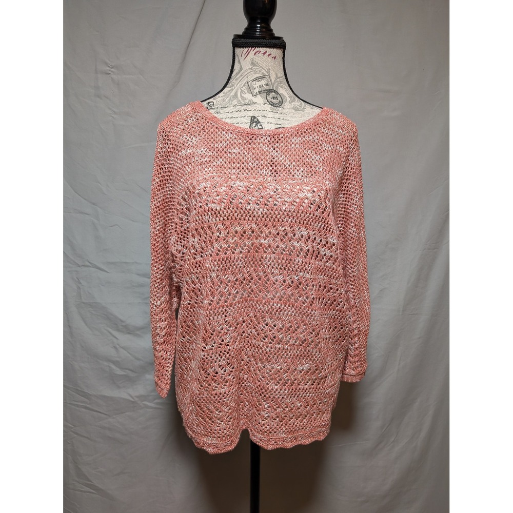 Lark Lane Pink White Marled Open Crochet Knit Metallic Boho Sweater Women's XL
